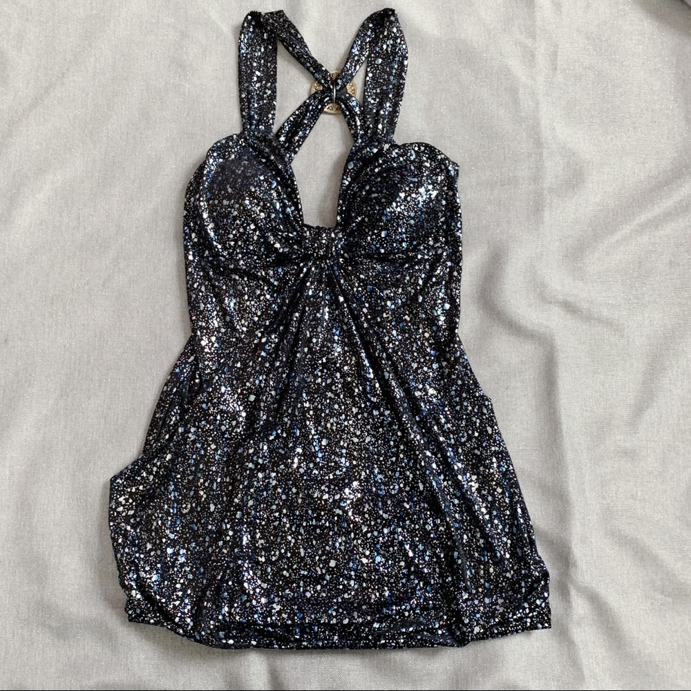 Taboo Metallic Strappy Shiny Mini Dress - Size: XL